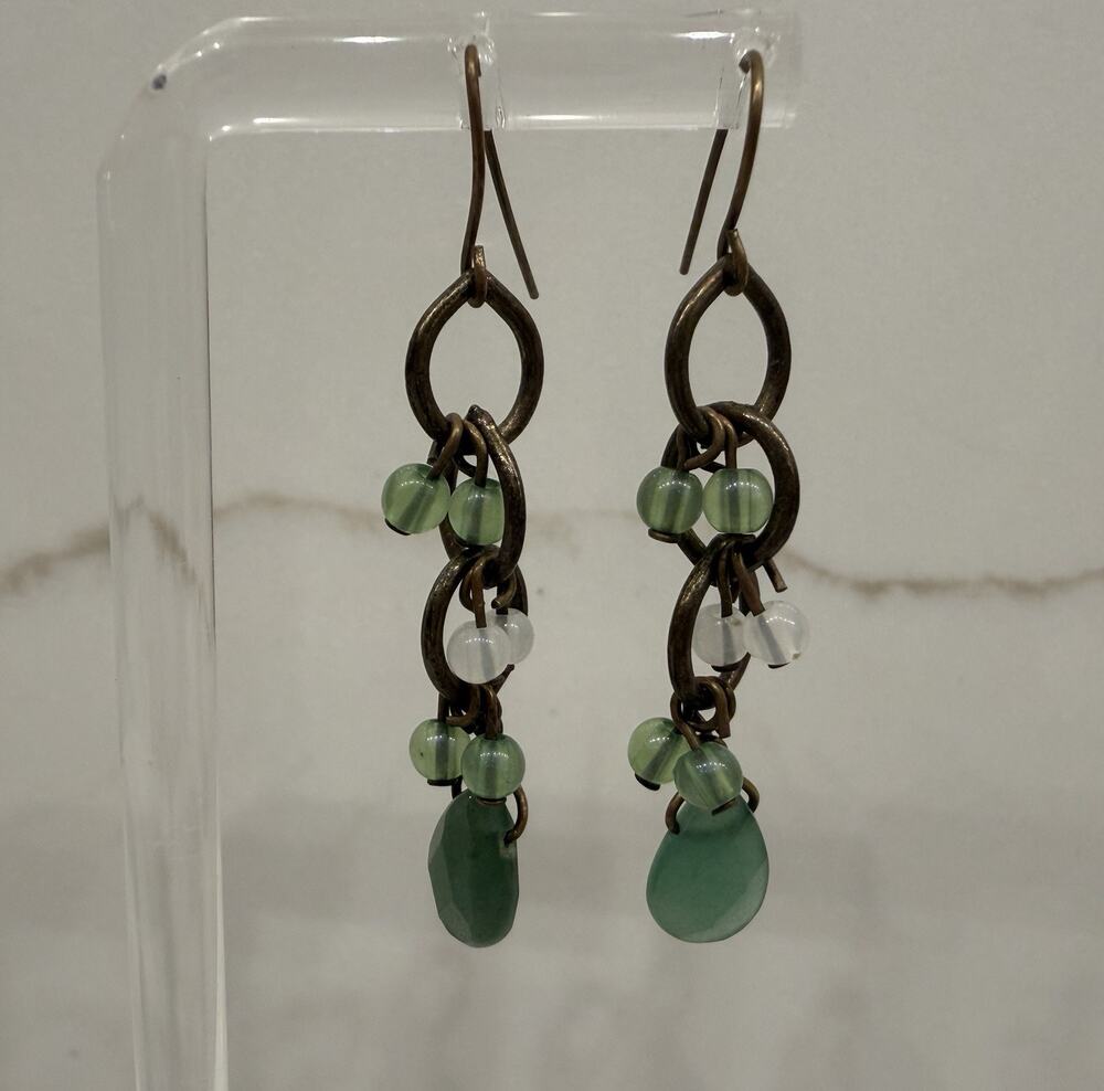 Artisan Green Beaded Dangle Earrings Antiqued Brass Tone Boho Drop 2”